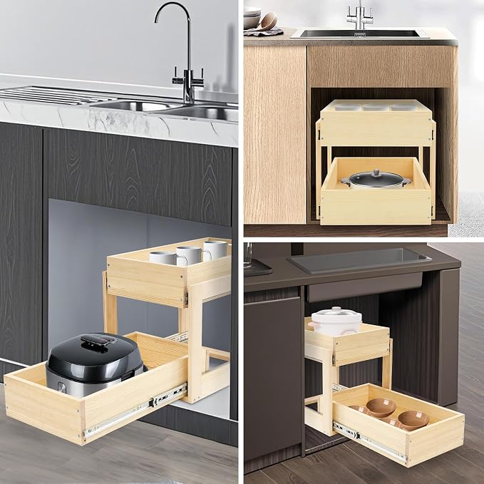 Pull out Cabinet Organizer, 2-pack, No Drill Adjustable Slide out Drawers for Kitchen,Pantry,Adhesive Roll out Shelves,for Cabinets Without Lip,White