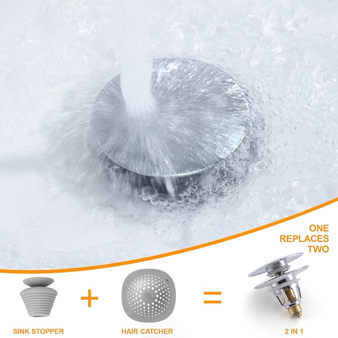 Universal Bathroom Sink Stopper, 1.1~1.5" Sink Drain Stopper, Full Size Bounce Bullet Type Pop Up Basin Drain Strainer, Chrome Anti-Clogging Sink Drain Filter with Hair Catcher (Silver)