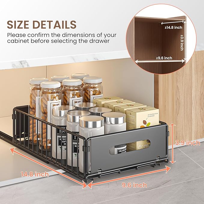 4 Pack Pull Out Cabinet Organizer, NECHEGI Heavy Duty Slide Out Pantry Drawers Shelves Storage With Strong Adhesive Strips and Handle for Kitchen, Bathroom, Living Room, Home (14.8"D X 9.6"W X 3.9"H)
