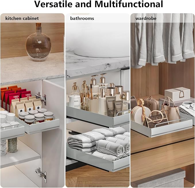 Stainless Steel Pull Out Cabinet Organizer, Pull Out Drawers for Cabinets, Slide Out Drawers for Kitchen Cabinets, Bathroom Cabinet Organizer, Pantry, No Drill,13.8" w*19.7" dx2.36 h