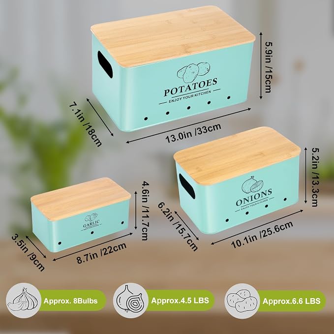 Kitchen Vegetable Storage Set of 3, Metal Onion Garlic Potato Storage Set, Kitchen Canisters Vegetable Keeper Containers with Aerating Holes and Wooden Lid (Blue)