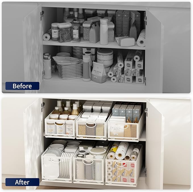 2 Pack Pull Out Cabinet Organizer, No Drill Adhesive Sliding Drawers for Kitchen, Metal Mesh Wire Storage Shelf for Pantry & Under Sink, White (9.6" W x 15.7" D x 3.9" H)