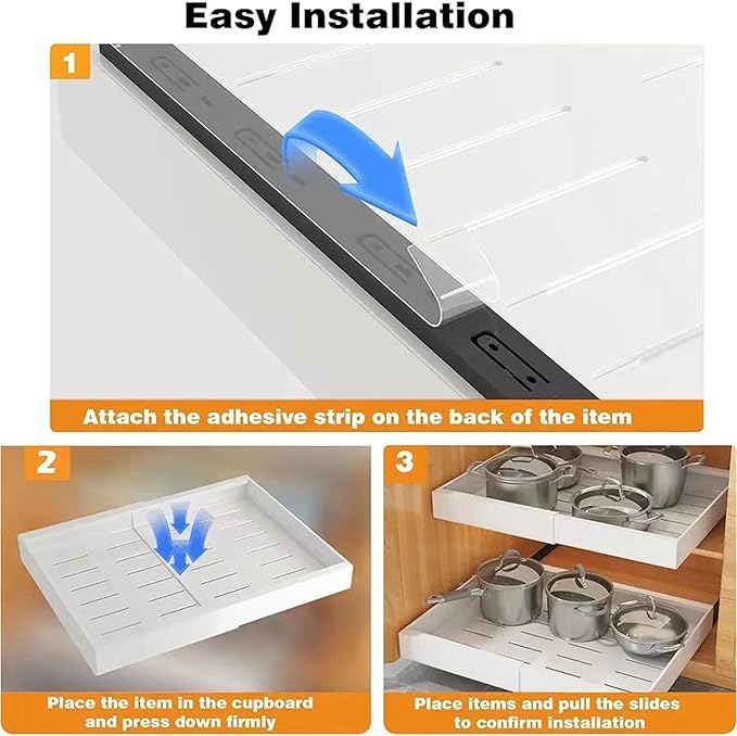 Focket Expandable Pull Out Drawers For Cabinets, Heavy Duty Slide Out No Drill Adjustable Drawers With Adhesive Tape And Dividers For Kitchen Pantry Bathroom Storage