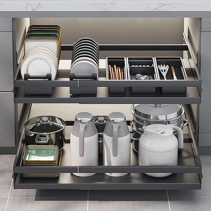 Pull Out Kitchen Storage,Roll out Storage Shelf Storage for Pantry,Extendable Drawer For Kitchen Storage,No Need Drill and Nailing,for Kitchen, Living Room, Home. ( Color : Black , Size : TWO_47*42*7C