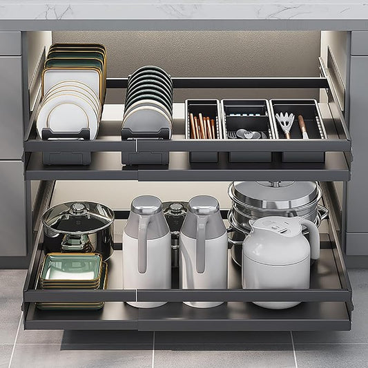 Pull Out Kitchen Storage,Roll out Storage Shelf Storage for Pantry,Extendable Drawer For Kitchen Storage,No Need Drill and Nailing,for Kitchen, Living Room, Home. ( Color : Black , Size : TWO_47*42*7C