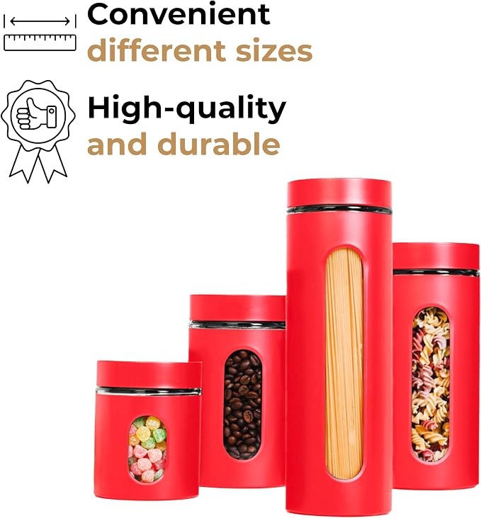 JS Gourmet 4 Pcs Stainless Steel Canisters Set for Kitchen with Glass Window and Airtight Lid, Perfect for Storing Coffee, Spaghetti, Sugar, Beans and Dry Ingredients (Red)