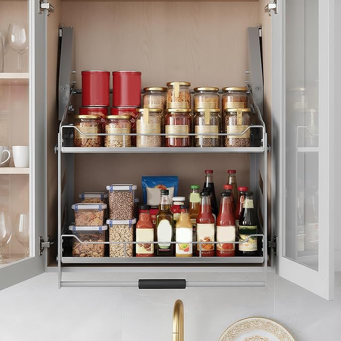 2-Tier Pull-down Storage Lift Cabinet Wall Cupboard Lifting Basket 304 Stainless Steel 22-34 Inch Width for Snacks Bowls Plate (600)