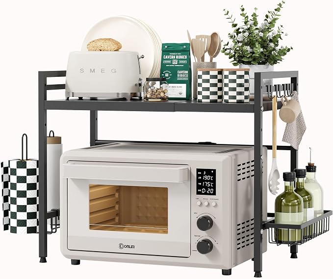 NETEL Expandable Microwave Stand,2 Tier Metal Kitchen Countertop Organizer Shelves with Paper Towel Holder and Baskets,Bakers Rack,Microwave Shelf,Microwave Oven Rack,55lbs Weight Capacity