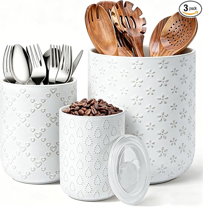 Kitchen Utensil Holder for Countertop, Ceramic Utensil Organizer for Spatulas and Spoons, Modern Embossed Kitchen Counter Decor, White Utensil Organizers for Cooking Tools