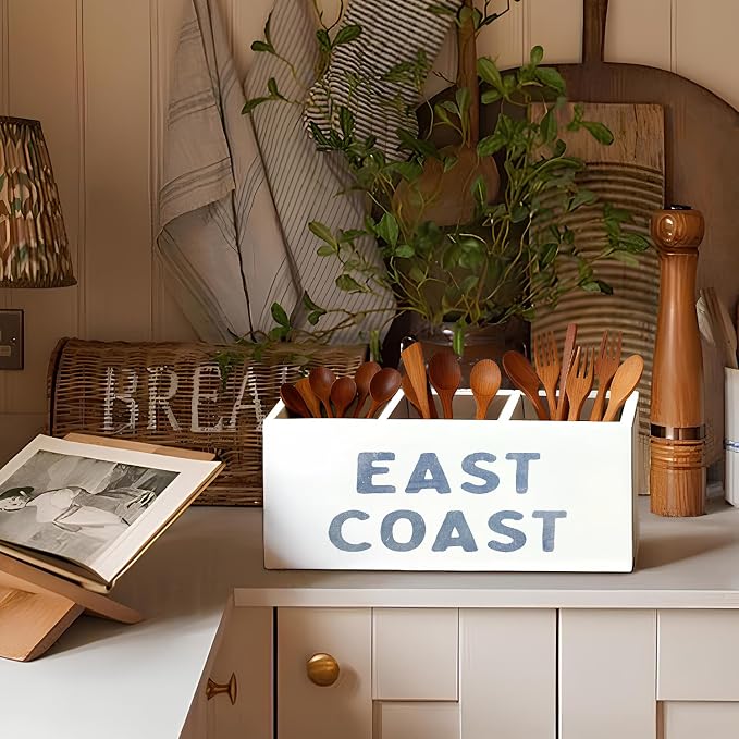 Blue Coastal Beach Pen Pencil Holder for Desk, Beach Office Decor, East Coast Coastal Cowgirl Beachy Wooden Box Sign Decorations for Girly Room Bedroom Dorm Office Desk Tabletop