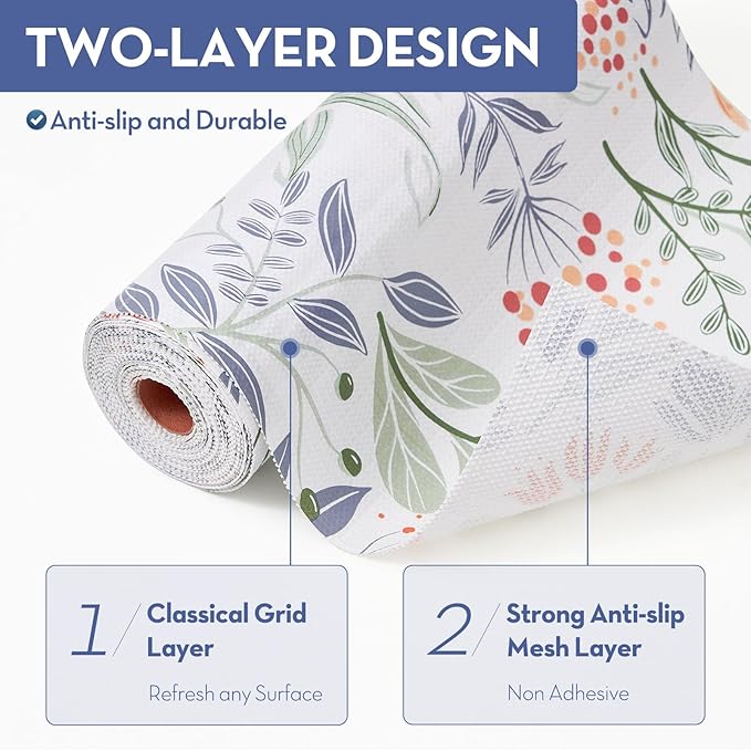 Drawer Shelf Liner, Non-Slip Kitchen Cabinet Liners Non-Adhesive Thick Strong Grip Waterproof Mats Protect Dresser Shelves Cupboard Bathroom Cabinets, Green Plaid, 17.5 in X 20 FT