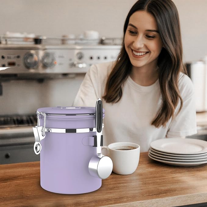 ShanSon Coffee Canister Airtight, Stainless Steel Bean Storage Container with Date Tracker & Scoop, Grounds Sugar Flour Tea Cereal Fits Kitchen Pantry, Ideal Gift for Coffee Lovers,22oz, Purple