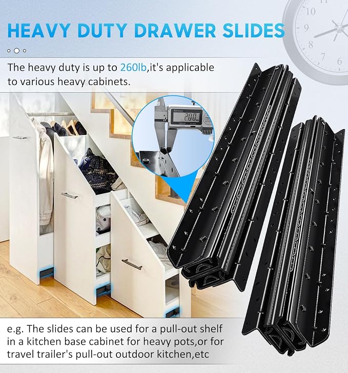 Undermount Heavy Duty Drawer Slides Rail Bottom Mounted Full Extension Hidden Drawer Runners Ball Bearing Glides Staircase Cupboard Cabinet Wardrobe 16 24 32 40 Inch (loads up to 260 lbs)1 Pair