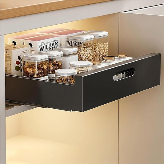 Extendable Pull Out Cabinet No Drill Sliding Drawer Space Saving Storage Solution for Kitchen Bathroom & Pantry，Black 35 * 43 * 7cm