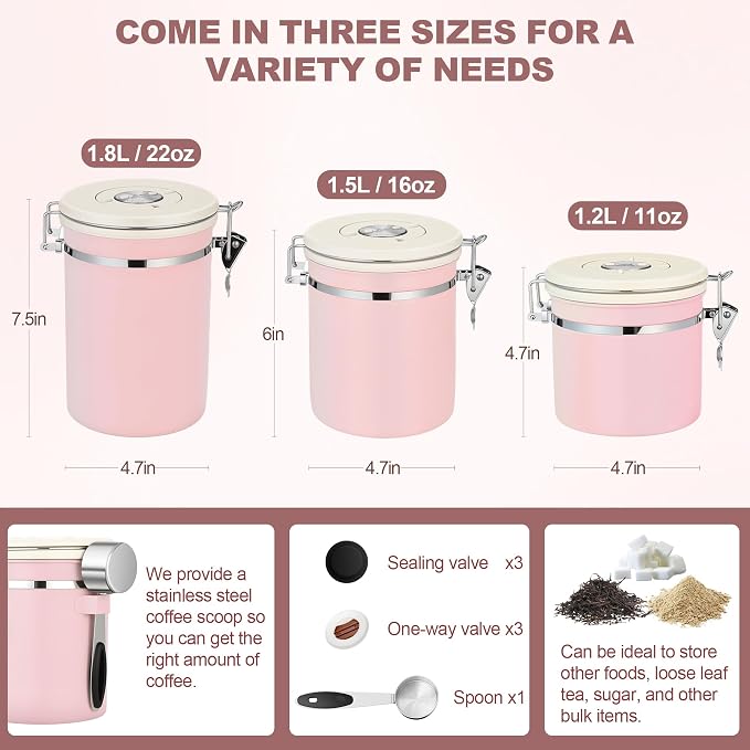 ShanSon Coffee Canister Airtight, Stainless Steel Bean Storage Container with Date Tracker & Scoop, Grounds Sugar Flour Tea Cereal Fits Kitchen Pantry, Ideal Gift for Coffee Lovers,22oz, Pink