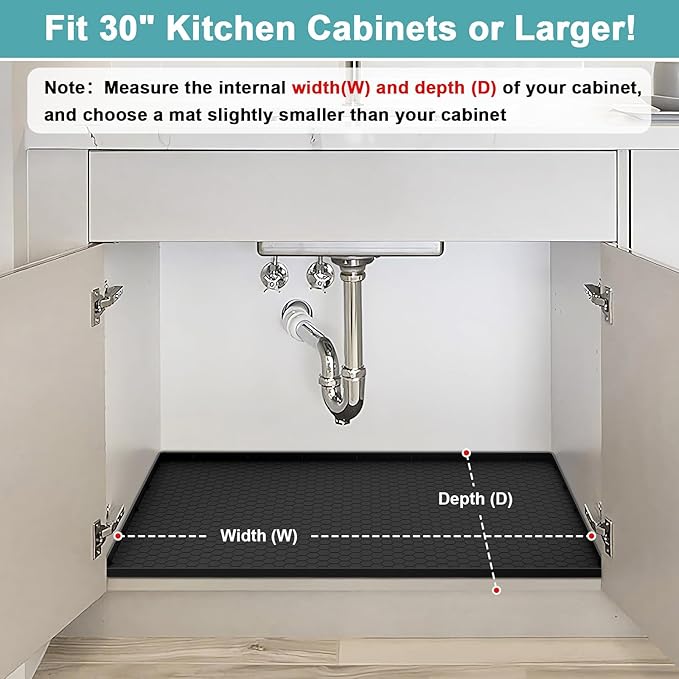 Waterproof Under Sink Mat, 28" x 19" Silicone Under Sink Mats for Kitchen, Under Kitchen Sink Mats and Protector Mat, Sink Cabinet Protector Mats for Bathroom, Black
