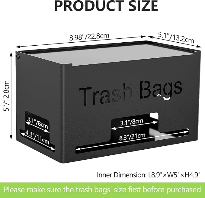 STWWO Trash Bag Holder, Metal Trash Bag Dispenser Roll Holder, Kitchen Trash Bag Organizer for Cabinet, Countertop, Wall Mounted or Freestanding, Black