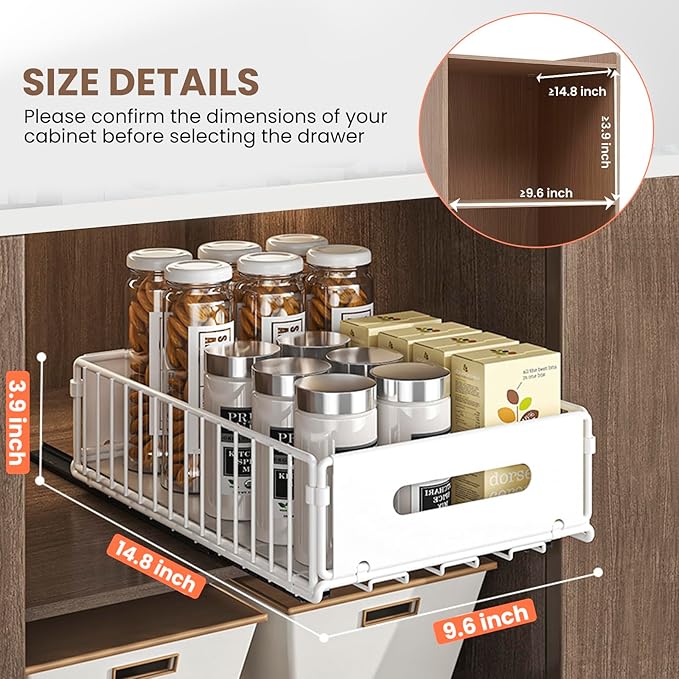 2 Pack Pull Out Cabinet Organizer, Heavy Duty Slide Out Pantry Drawers Shelves Storage With Strong Adhesive Strips and Handle for Kitchen, Bathroom, Living Room, Home (14.8"D X 9.6"W X 3.9"H)