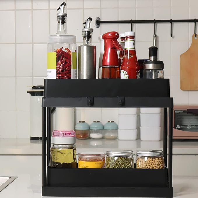 Slide Out Storage Basket Organizer Space Saving for Kitchen Bathroom (Black)