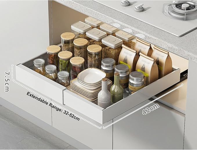 Expandable Pull-Out Cabinet, Adhesive Slide-Out Shelves,Roll-Out Drawers for Easy Access,Heavy Duty for Kitchen, Bathroom & Pantry(White,Large)