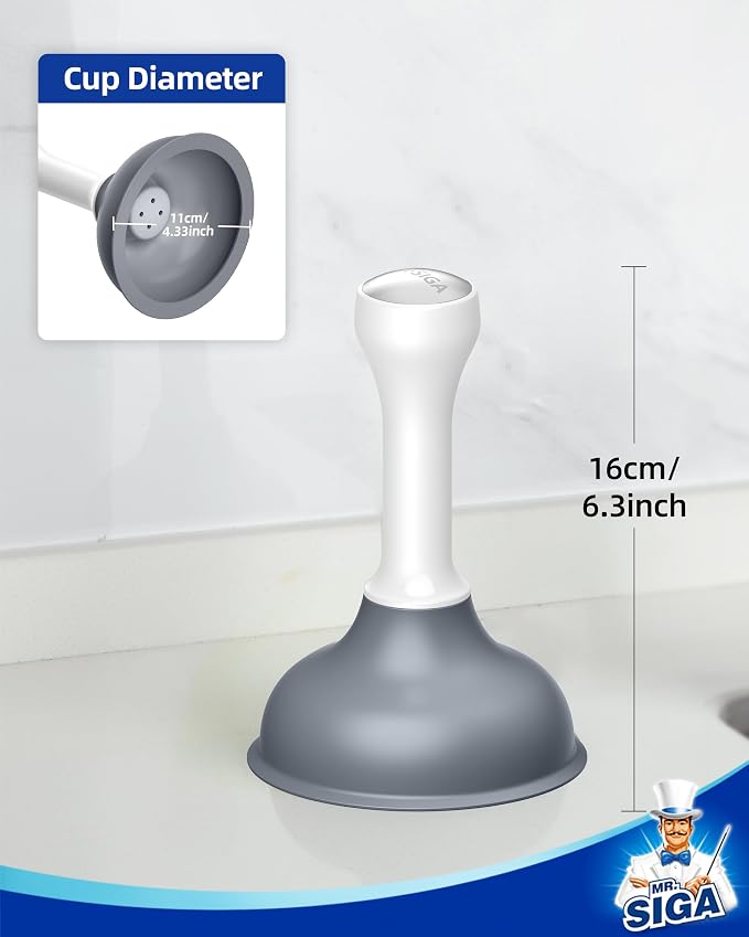 MR.SIGA Mini Drain Plunger, Sink Drain Plunger with Strong Suction, Compact Design, Powerful Small Plunger for Bathroom Sinks, Kitchen Sinks, Tubs, Shower Drains, Length 6.3 Inch(16 cm), White & Gray