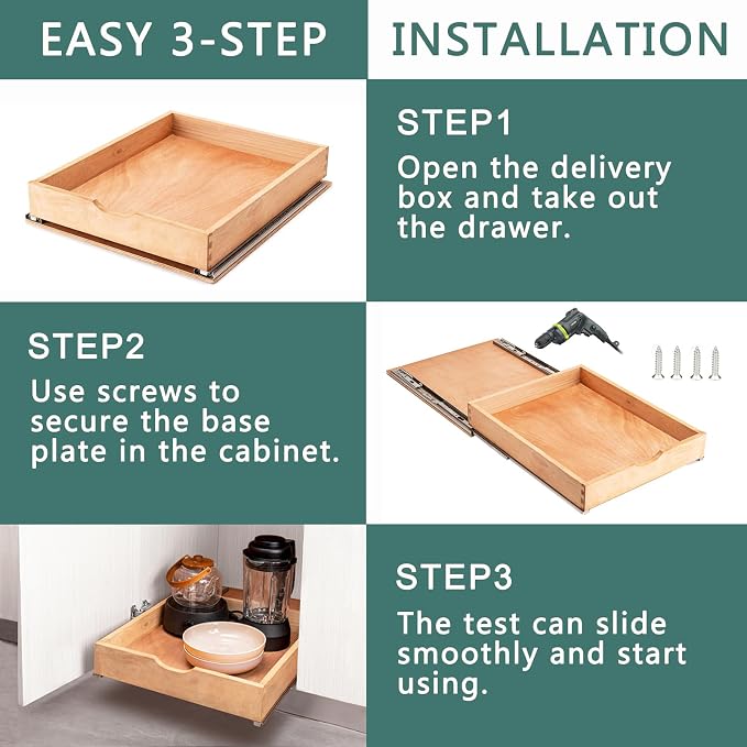 Fully Assembled Pull Out Cabinet Drawer, Wood Pull Out Cabinet Organizer, Soft Close Slide Out Pull Out Drawers for Kitchen Cabinets, Fast and Easy DIY Installation, 21”W x 21”D