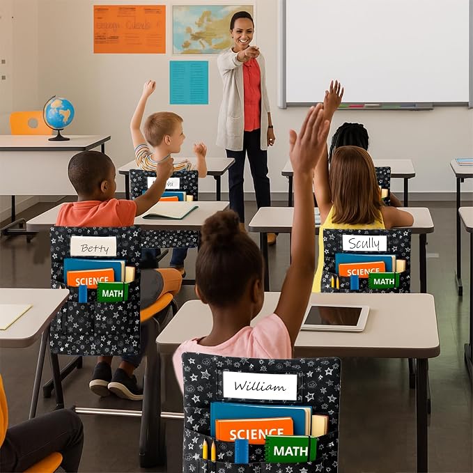 25 PCS Chair Pockets for Classroom Chairs, 15"W x 19"H Seat Sacks with 5 Pockets, Durable 600D Oxford Student Chair Bag Organizer with Name Tag Slot for K-5 Kindergarten School, Black