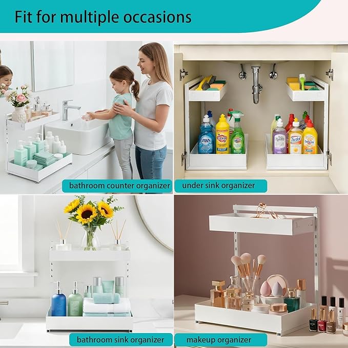 Under Sink Organizer, 2 Pack 2 Tier Metal Under Cabinet Storage with Height-adjustable Shelf and Pull out Rack for Pantry Vanity Cupboard Counter Countertop Bathroom Kitchen