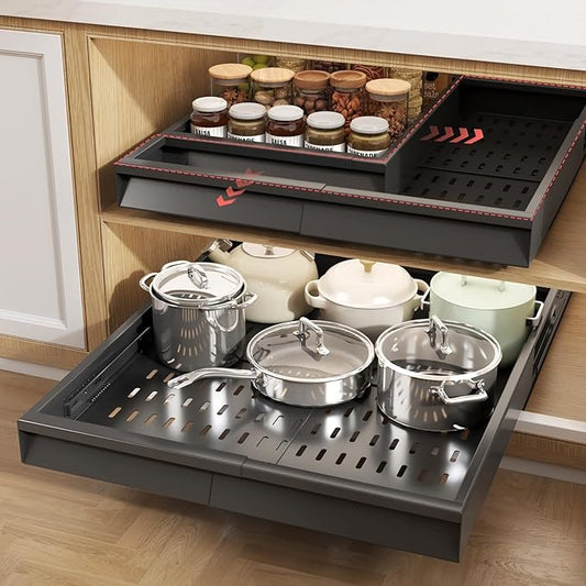 Seinloes Pull Out Cabinet Organizer, 4-Side Expandable to Fit Most Cabinets, 3 Rail Slide Out Drawers with Raising Pad for Framed & Frameless Cabinets, 13"-21" W x 17"-24" D, Black, 2 Pack