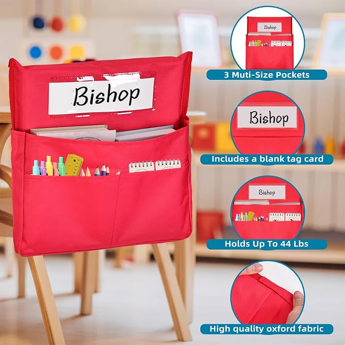 12 Pcs Classroom Chair Pockets, 15.9 x14.8 inch Chair Pockets for Classroom, 6 Bright Color Seat Sacks for Classroom Chairs, Buddy Pocket, Chart Seat Back Organizer with Name Tag