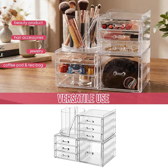 ShineMe Make Up Organizers for Vanity, 2 Tier Acrylic Stackable Cosmetic Organizer with Rotating Makeup Brush Holder & 7 Drawers, Clear Hair Accessory Organizer Countertop for Dresser, Bathroom