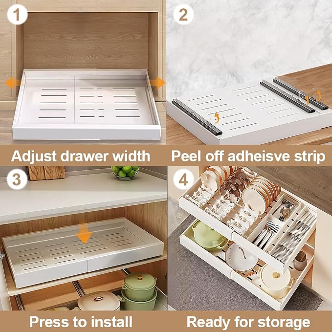 Pull out Cabinet Organizer, Expandable(12"-20") Heavy Duty Slide out Drawers Fixed with Adhesive Nano Film for Pots, Roll out Drawers for Kitchen Cabinets Organization, Pantry, Bathroom