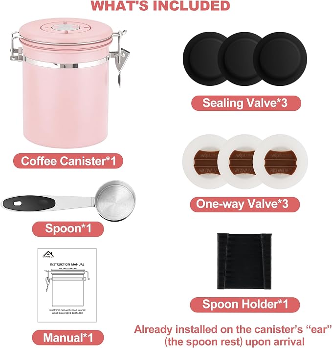 ShanSon Coffee Canister Airtight, Stainless Steel Bean Storage Container with Date Tracker & Scoop, Grounds Sugar Flour Tea Cereal Fits Kitchen Pantry, Ideal Gift for Coffee Lovers,16oz, Pink