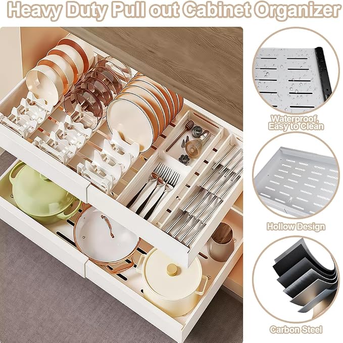 Pull out Cabinet Organizer, Expandable(12"-20") Heavy Duty Slide out Drawers Fixed with Adhesive Nano Film for Pots, Roll out Drawers for Kitchen Cabinets Organization, Pantry, Bathroom