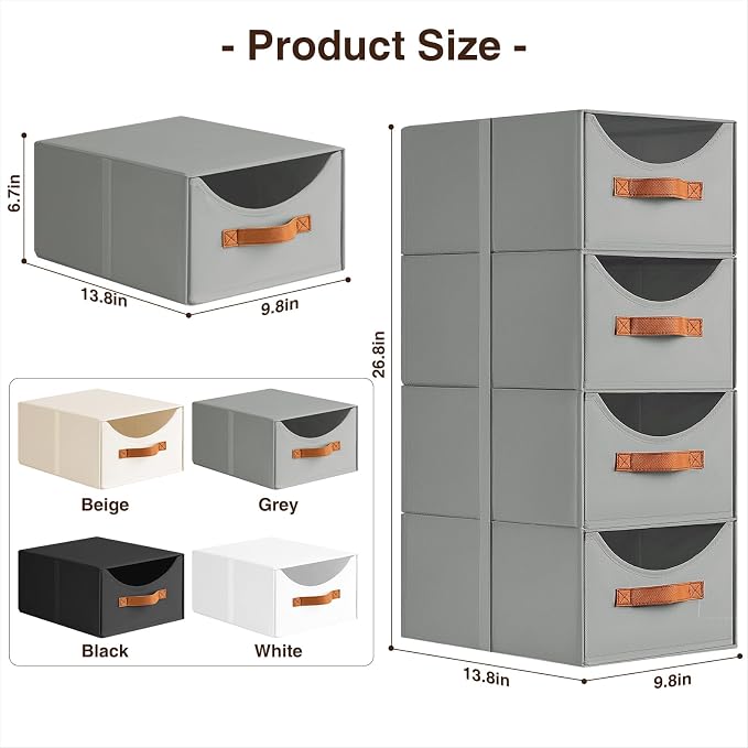 Homsorout Stackable Storage Drawers - Collapsible Storage Bins with Drawers, 8 Pack Closet Shelf Organizer Basket, Fabric Pull Out Organizer for Bedroom, Living Room, Dorm, Grey