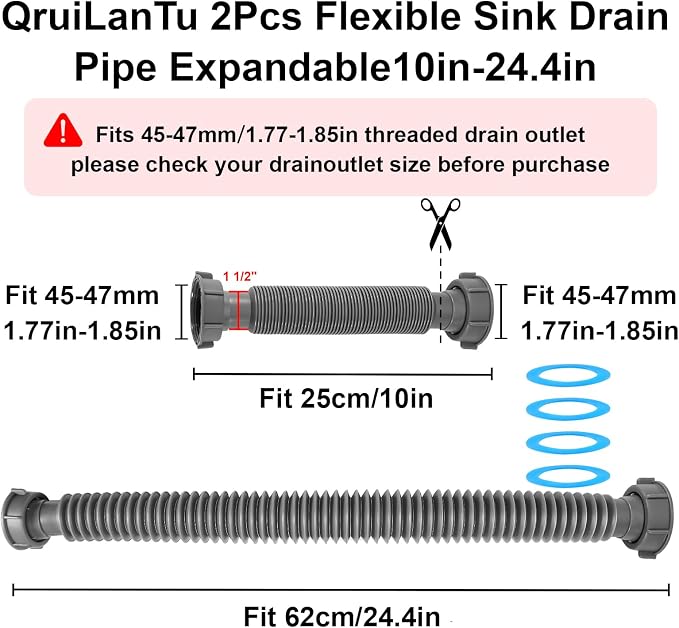 1-1/2" Flexible Sink Drain Pipe, Expandable Drain Hose, Adjustable Under Sink Drain Extension Tube 10" to 24.4", Thickened PP Sink Drain Replacement Hose for Kitchen Bathroom RV Sink, 2 Pack