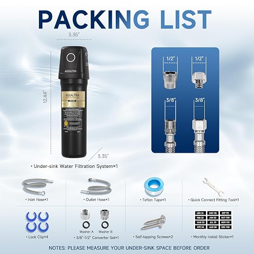 AQUALTRA USF01-BK Under Sink Water Filter System, 12K Gal, NSF/ANSI/CAN 372 Certified, Reduces PFOA, PFOS, Chlorine, Lead, Mercury, Chloramine, Fluoride, Microplastics Particles, Bad Taste & Odor