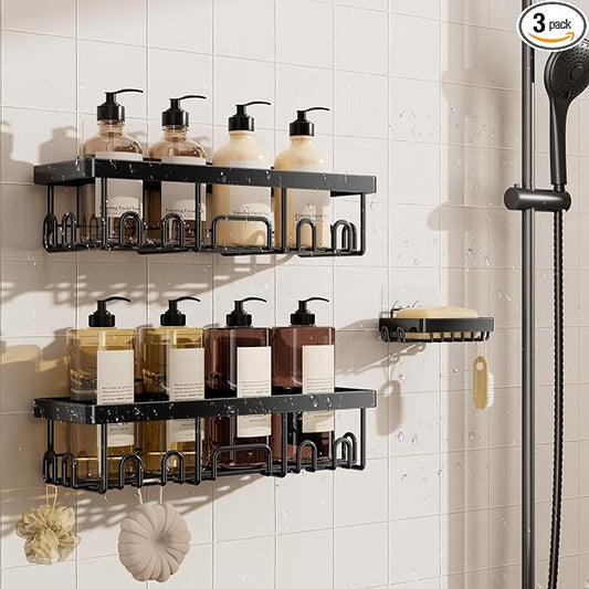 Veken Shower Caddy 3-Pack, Advanced Rustproof Design, No Drilling Adhesive Shelves, Rack with Soap Holder, Large Capacity Bathroom Organizers and Storage, Wall-Mounted Kitchen & Home Decor, Black