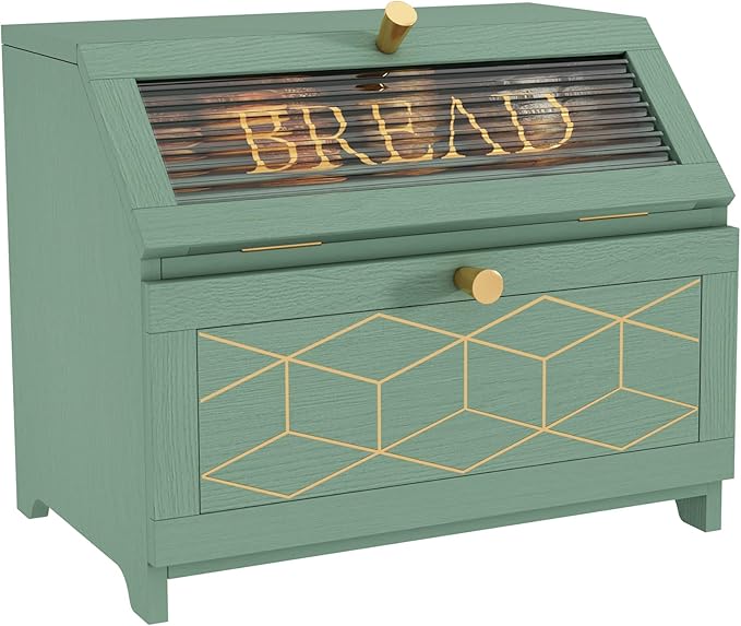 HOLTICO Double Layer Bread Box With Golden Trim for Countertop, Wooden Bread Container for Kitchen Counter, Corner Bread Storage (Green)
