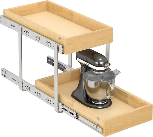 WelFurGeer 2-Tier Pull Out Cabinet Organizer with Soft Close Slides, Heavy-Duty Pull Out Drawers for Cabinets, Slide Out Shelf for Kitchen, Bathroom, Pantry & Under Sink, Solid Birch Wood