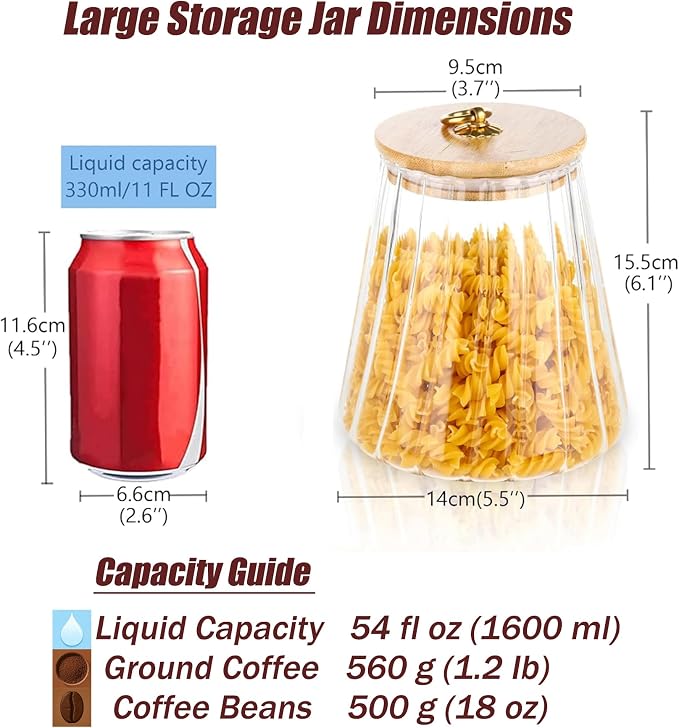 Glass Coffee Nuts Canister Airtight Storage Jar Petal Decorative Container with Bamboo Lid Metal Handle Easy to Grasp 1600ml, 54 FL OZ (Large Conical)