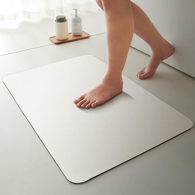TYUU White Bath Mat, Bathroom Rugs Non Slip Washable Thin Absorbent Quick Dry Bath Mat Fits Under Door Bathroom Floor Mat Perfect for Bath, Shower, or Sink 16"x24" White