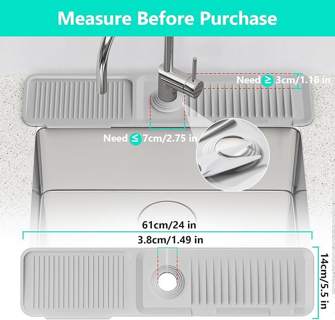 24 Inch Longer Faucet Mat for Kitchen Sink [5°Slope Fast Self-draining]Bathroom Kitchen Sink Splash Guard Silicone Sink Faucet Mat Splash Guard Kitchen Sink Area Tidy Splash Faucet Guard Draining Mat