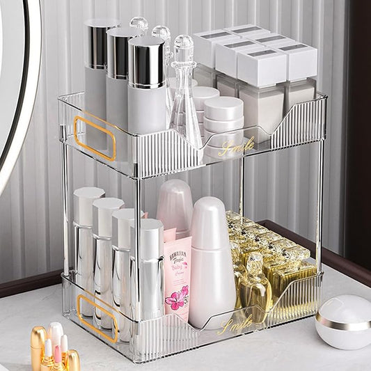Bathroom Counter Organizer, Makeup Perfume Organizer Storage for Coutertop Bathroom Vanity Sink Desk Office Kitchen Tool (Vertical Stripe Clear, 2-Tier)