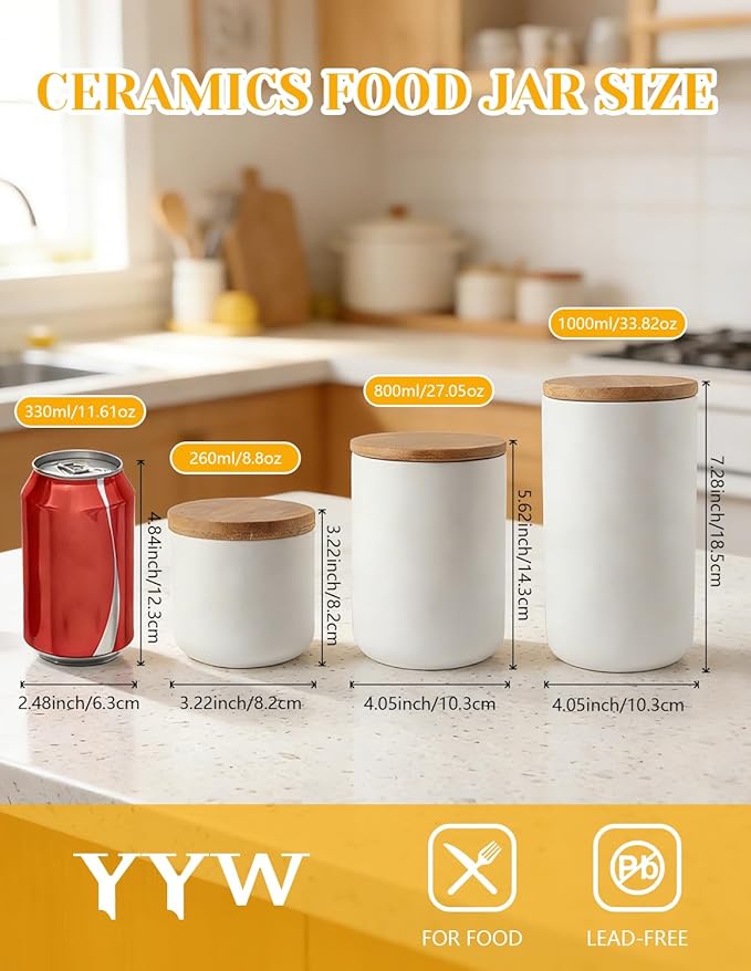 YYW Ceramics Food Storage Jar Canister with Airtight Seal Bamboo Lid, Simple Style Kitchen Canister for Food Storage, Store Coffee, Sugar, Tea, Spices and More (White (27.05oz/800ml))