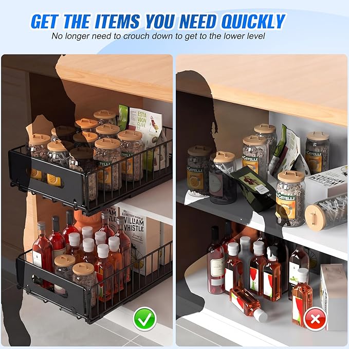 2 Pack Pull Out Cabinet Organizer, 15"" Depth Slide Out Pantry Drawer with Nano Adhesive (No Drilling), Heavy Duty Wire Basket for Kitchen, Under Sink, Bathroom, 9.44"" W x 3.54"" H, Black