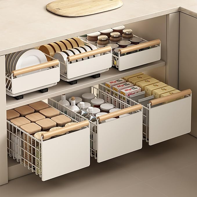 Pull Out Cabinet Drawer Organizer 6 Pack, No Drill Slide Out Shelves Cabinet for Kitchen Fixed with Nano Film, Heavy Duty Sliding Pantry Storage Drawer (White Set of 4)