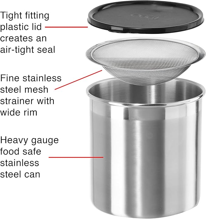 Oggi Stainless Steel Jumbo Grease Container with Removable Strainer and Snug Lid. Perfect container for fryer oil, bacon drippings, lard and ghee oil. Large capacity can - 1 Gall / (Pack of 3)