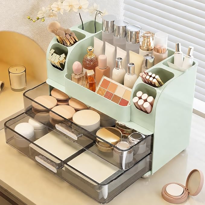 Makeup Organizer with 2 Drawers, Cosmetic Display Case, Storage Holder for Vanity, Bathroom Counter, Desk, Beauty Supplies (Green)