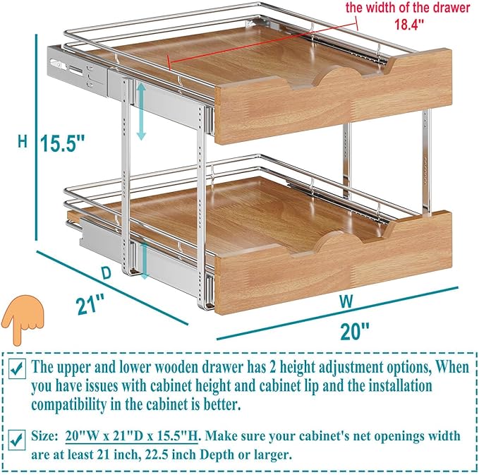 OCG Pull Out Cabinet Organizer 20" W x 21" D, 2 Tier Slide Out Shelf, Heavy-Duty Pull Out Drawer for Cabinets, Base Cabinet Organization for Kitchen, Pantry, Bathroom